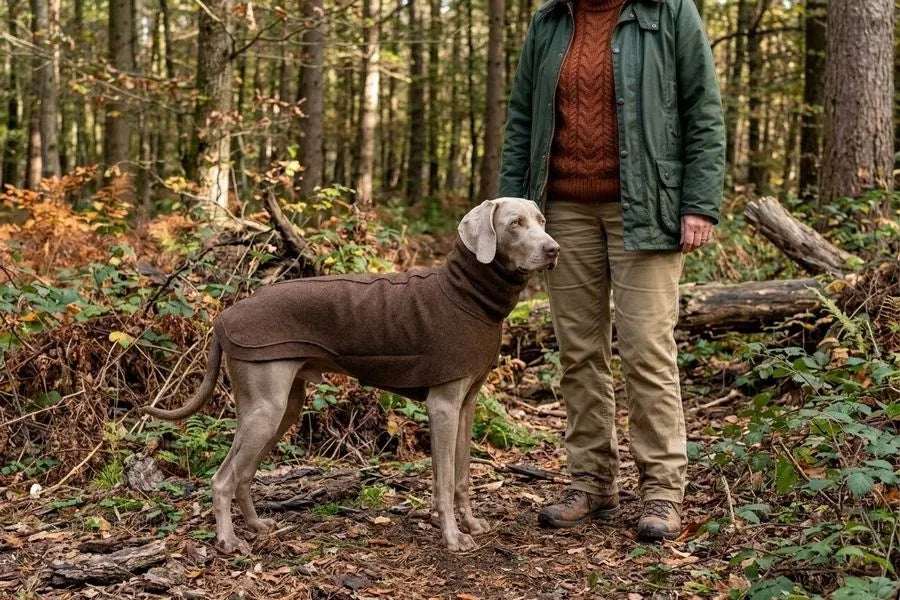 Brauner Wollwalkmantel an Weimaraner mit Jäger im Herbstwald