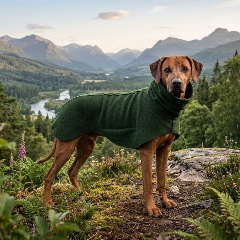 Grüner Wollwalkmantel an Rhodesian Ridgeback, der in einem herbstlichen Gebirge steht