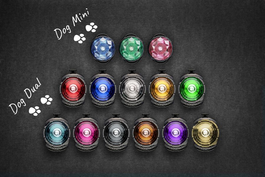 Alle Farben von Dog Mini und darunter von Dog Dual im Vergleich