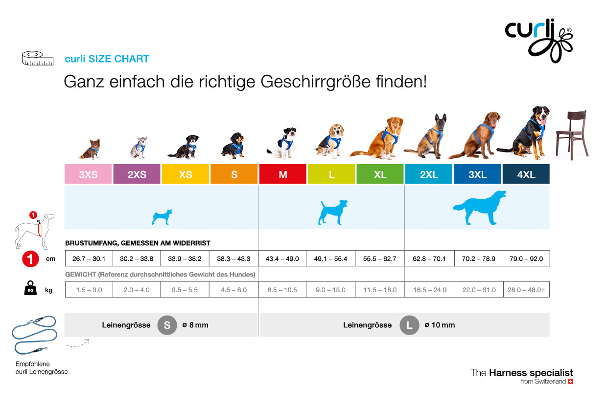 Größentabelle für curli Hundegeschirre
