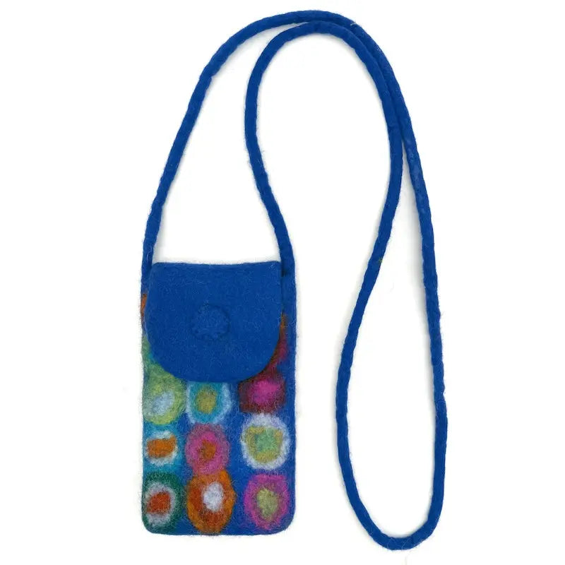 Handytasche gefilzt, Blau mit bunten Kreisen und Trageriemen