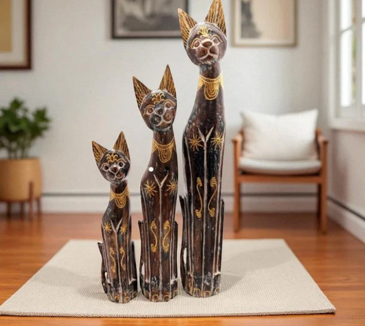 Holzskulpturen Katzen 3er-Set