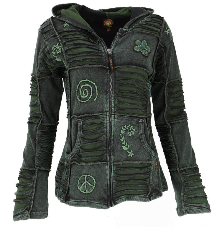 Patchwork Jacke mit Kapuze Dunkelgrün S