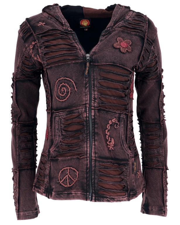 Patchwork Jacke mit Kapuze Dunkelbraun S