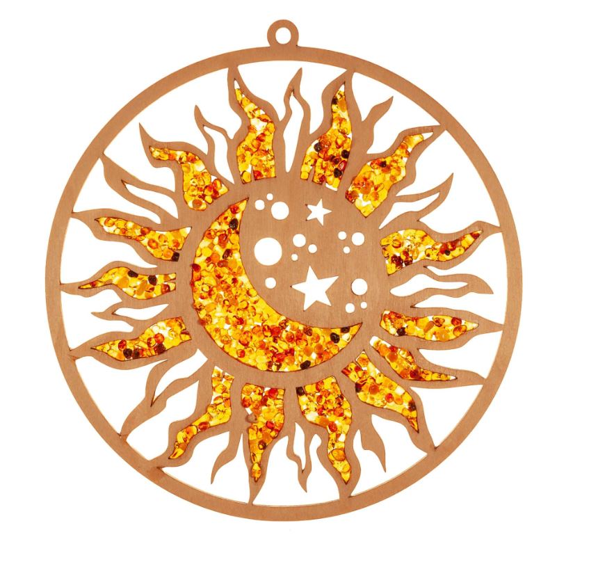 Suncatcher Bernstein 11 cm Sonne, Mond und Sterne