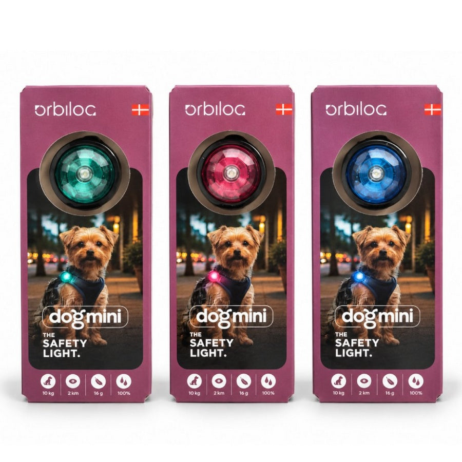 Orbiloc Dog Mini alle drei Farben in der Produktverpackung