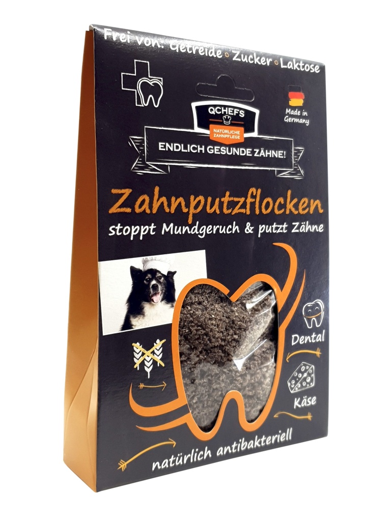 Schwarze Verpackung mit Fenster, das Zahnputzflocken zeigt
