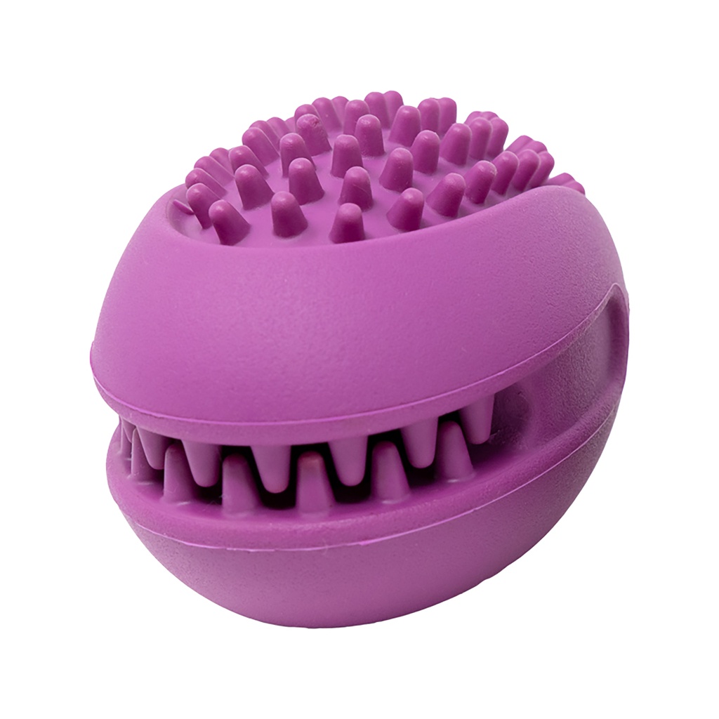 Oval-rundes, lilafarbenes Trainingsutensil mit Noppen in Form einer Venusfliegenfalle mit Mitte zum Befüllen mit Leckerlis
