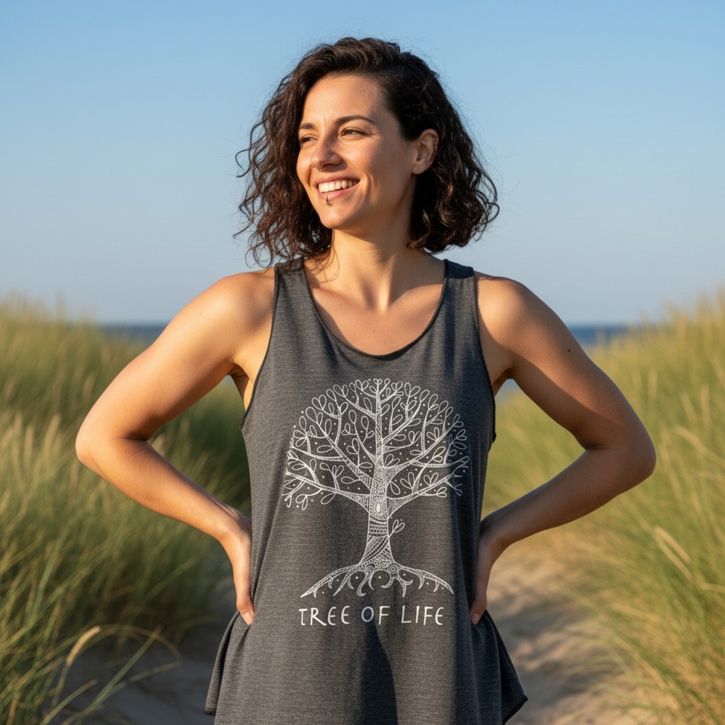 Frau in leichtem Tanktop mit Druck Baum des Lebens