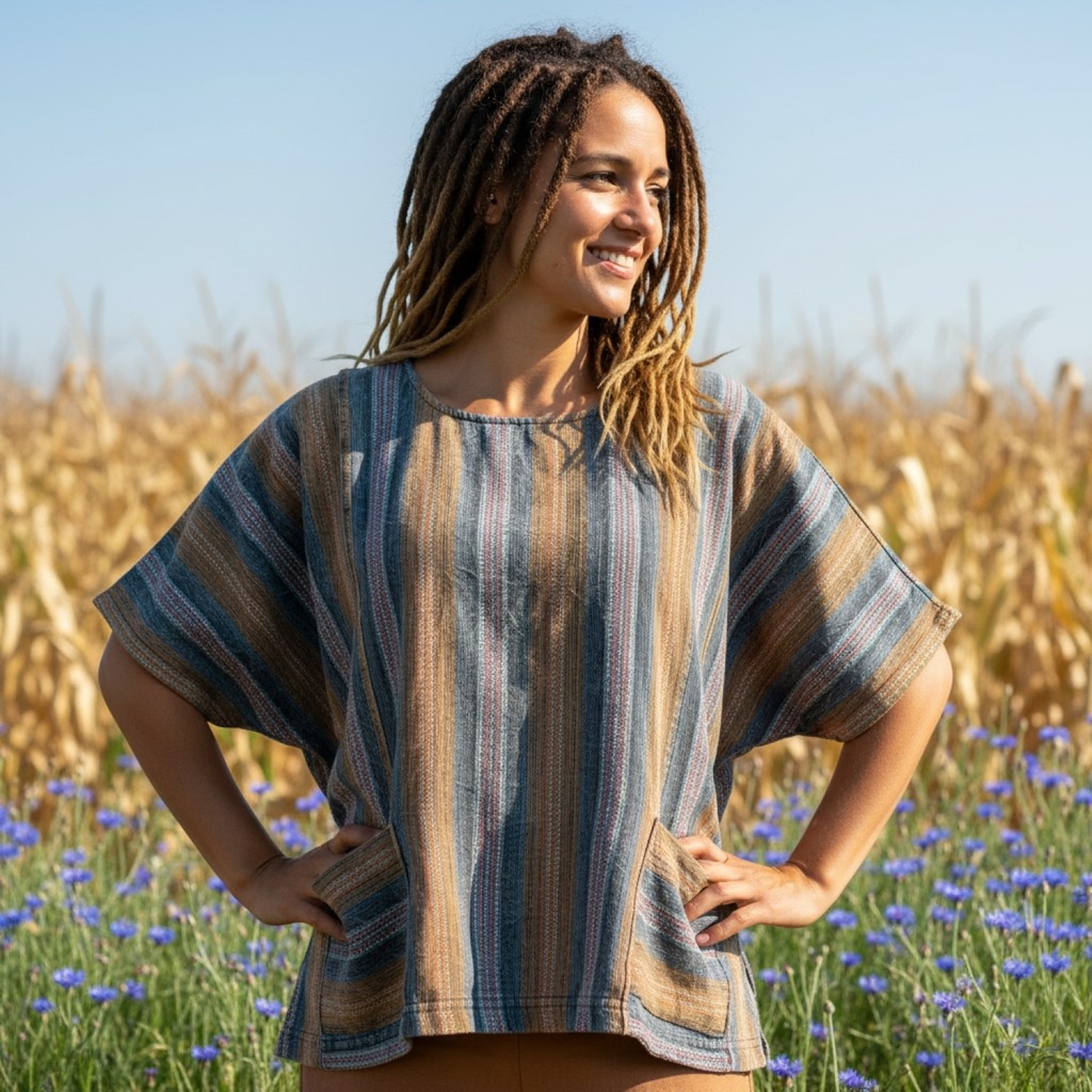 Frau mit gestreifter Bluse mit Fledermausärmeln vor Getreidefeld