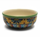 Farbenfrohe, kleine Keramikschüssel mit Blüten und Streifen