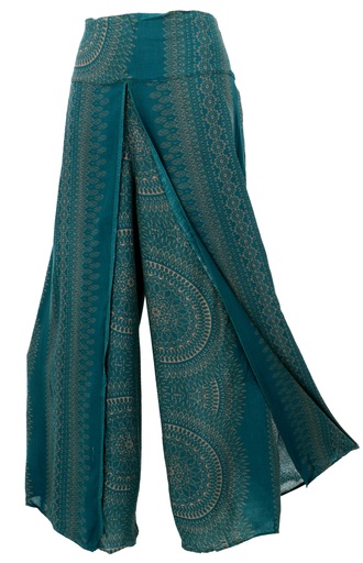 weite Hose mit vorne geschlitztem Überhang in dunkelgrün gemustert