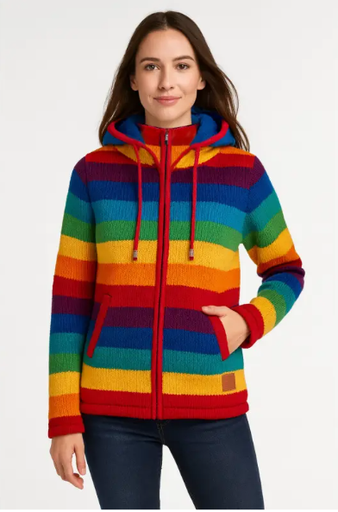 Frau in Kurzmantel aus Wolle in Regenbogenfarben mit Kapuze